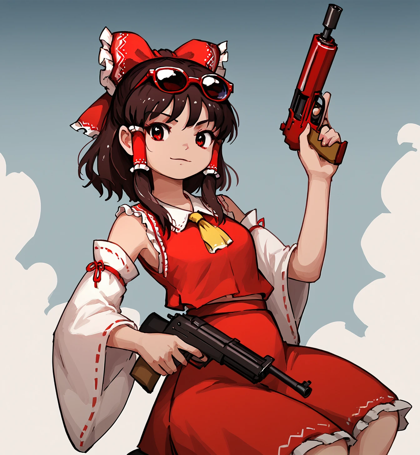 score_7_up,score_6_up,<lora:ZUN:1>,reimu,1girl,miko,red ribbon,hair tubes,red clothes, short hair,parody,ZUN,flat color,eyewear on head,sunglasses on head,,holding weapon, machine gun,solo,holding gun