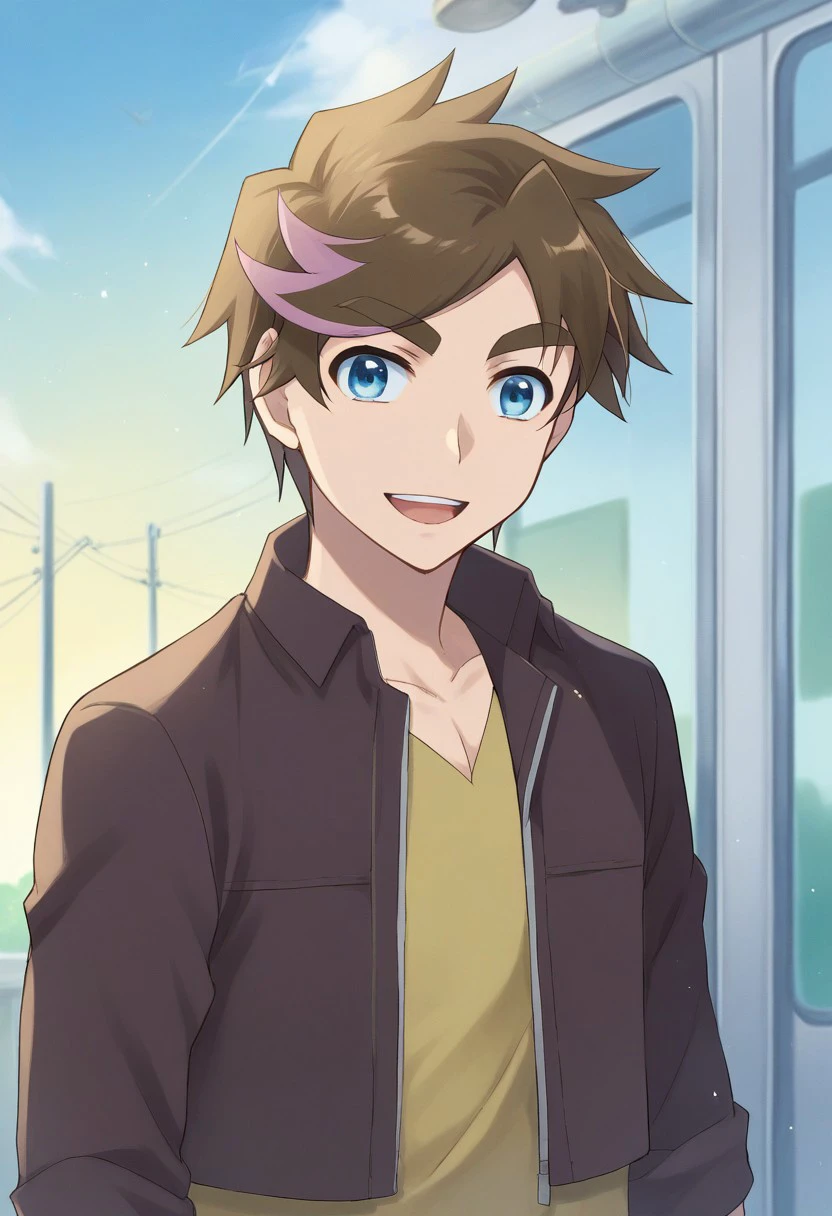 score_9, score_8_up, score_7_up, source_anime, highly detailed, 
shima, 1boy, male focus, solo, brown hair, multicolored hair, jacket, brown jacket, streaked hair, upper body, smile, open mouth, pink hair, yellow shirt, fingerless gloves, pants, gloves, blue eyes,
outdoor, sky, train, shinkansen,