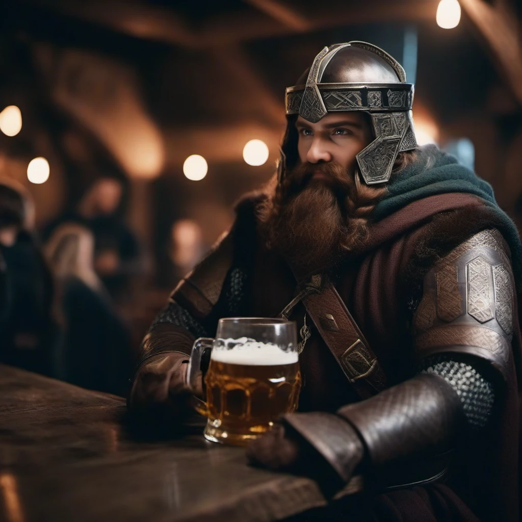 cinematic photo 1boy, old, armor, facial hair,  helmet, belt, having a beer in a medieval pub <lora:Gimli1024:0.8> . 35mm photograph, film, bokeh, professional, 4k, highly detailed