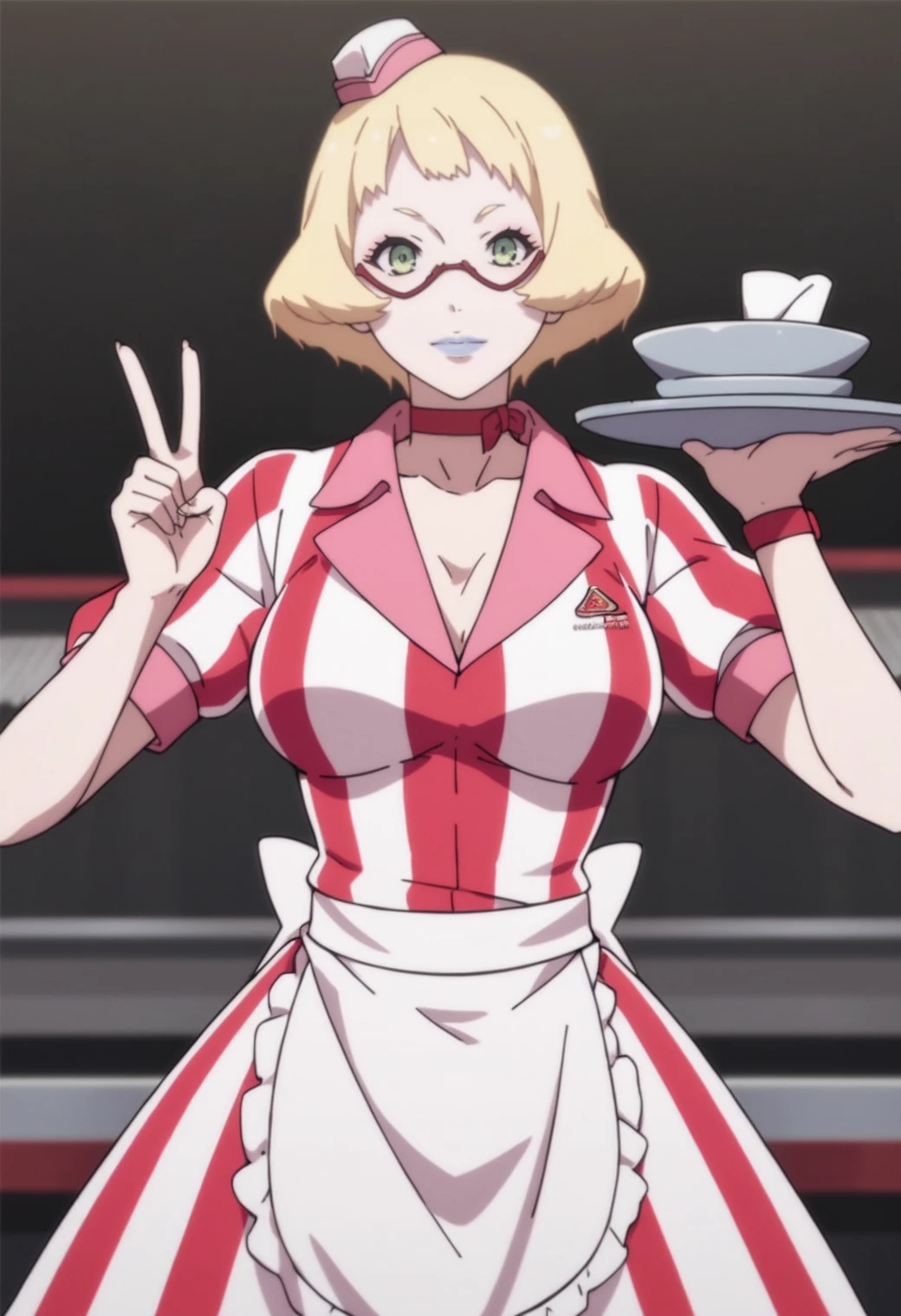 score_9,score_8_up,score_7_up, source_anime,  masterpiece, best quality,1girl,cowboy shot, solo, looking at viewer,  <lora:chiaki-10:0.6> chiaki, glasses, waitress, striped dress, choker, hat, apron, v pose, holding tray,