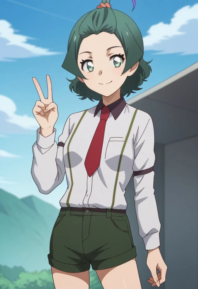 score_9, score_8_up, score_7_up, source_anime, highly detailed, 
ayu, solo, 1girl, shorts, green shorts, smile, green hair, necktie, shirt, red necktie, topknot, standing, long sleeves, multicolored hair, grey eyes, closed mouth, white shirt, looking at viewer collared shirt, short hair, purple hair, upper body,
outdoor, sky, blue sky, shinkansen, v sign,