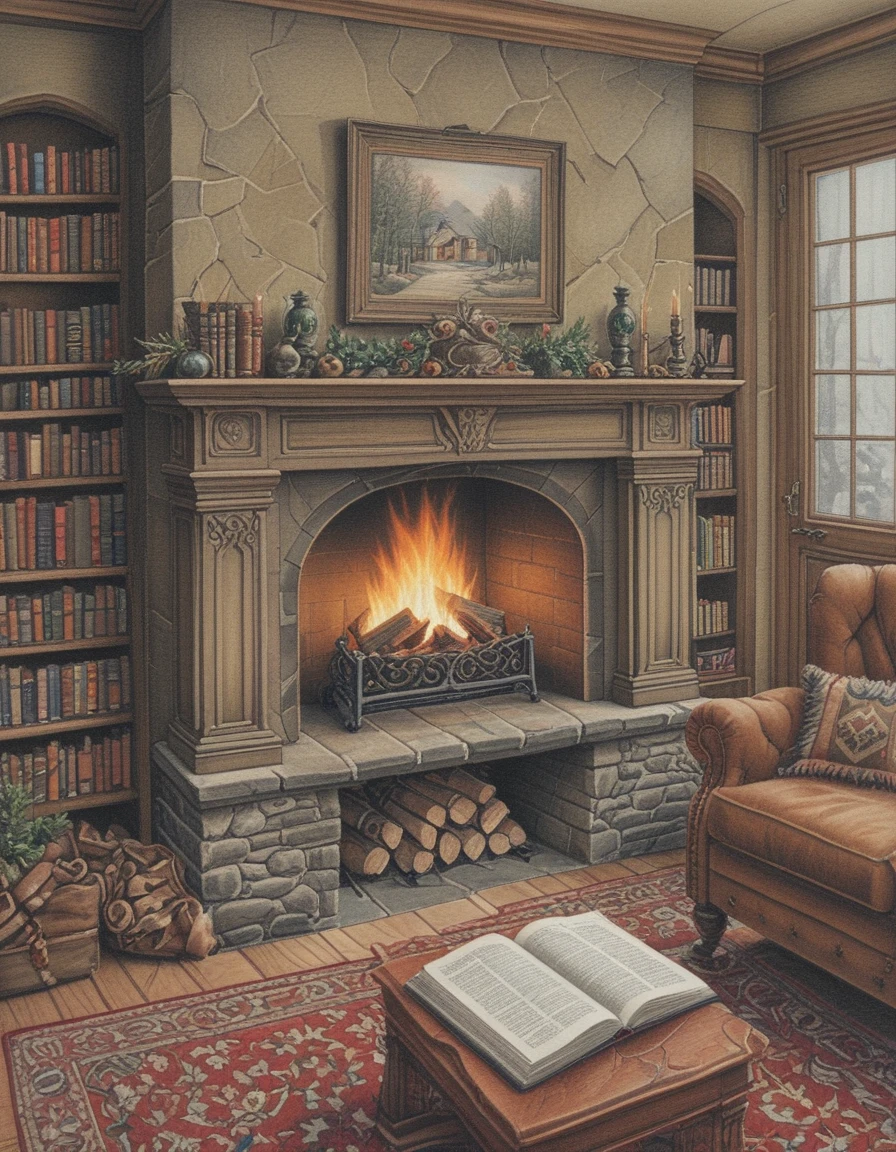 <lora:CBS_novuschroma21 style:1> novuschroma21 colored pencil drawing of cozy study with a fireplace