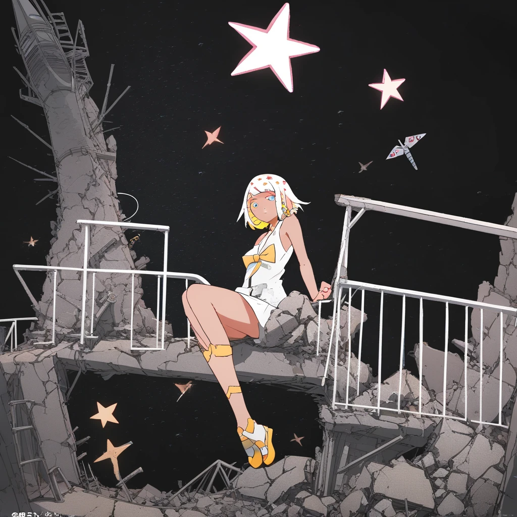 hairclip, railing, multiple girls, star (symbol), negative space, miniskirt, swimsuit, leg up, bug, comic, white dress, rubble