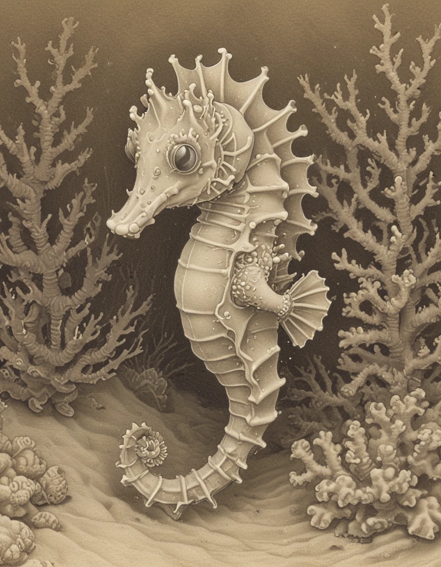 bargibant's pygmy seahorse underwater in the barrier reef sepia pencil drawing <lora:CBS_novuschroma21 style:1.5> novuschroma21