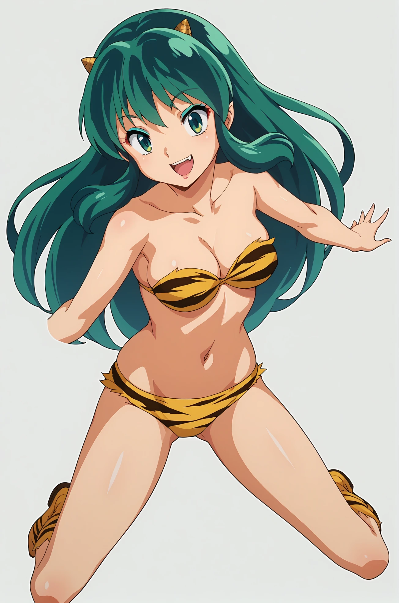 score_9, score_8_up, score_7_up, source anime, anime, animification, anime screencap, anime coloring, vivid colors, shiny skin, skindentation, deep skin, depth of field, high quality, highres, (dynamic angle,dynamic pose),
lumpierrot, 1girl, solo, long hair, smile, open mouth, simple background, white background, navel, green eyes, swimsuit, full body, bikini, boots, green hair, horns, strapless, makeup, knee boots, animal print, eyeshadow, oni horns, oni, tiger print, strapless bikini, lum
BREAK
masterpiece,high quality
<lora:Lum_Pierrot_StylePony:0.9>