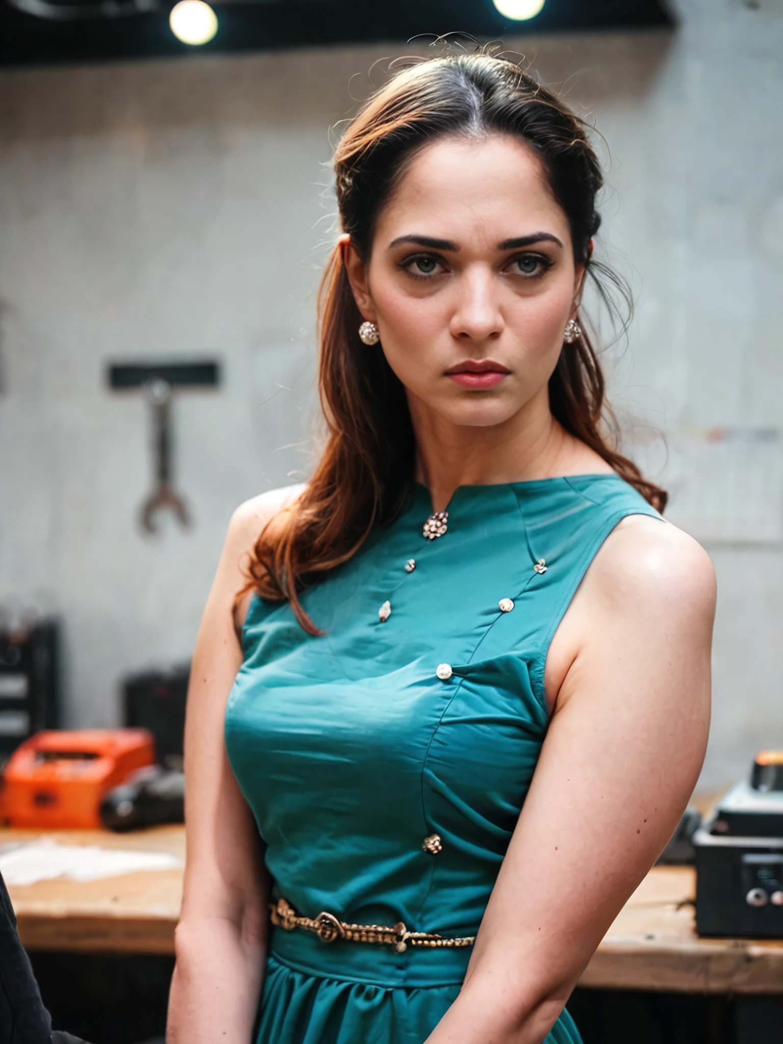 score_9, score_8_up, score_8,30yo woman,portrait photo,tamannah bhatia,solo,  realistic,serious, Teal western dress, censored, workshop background bokeh  <lora:Tamannah_Bhatia_PonyXL_LoRA_prodigy_local_WD14:0.7>