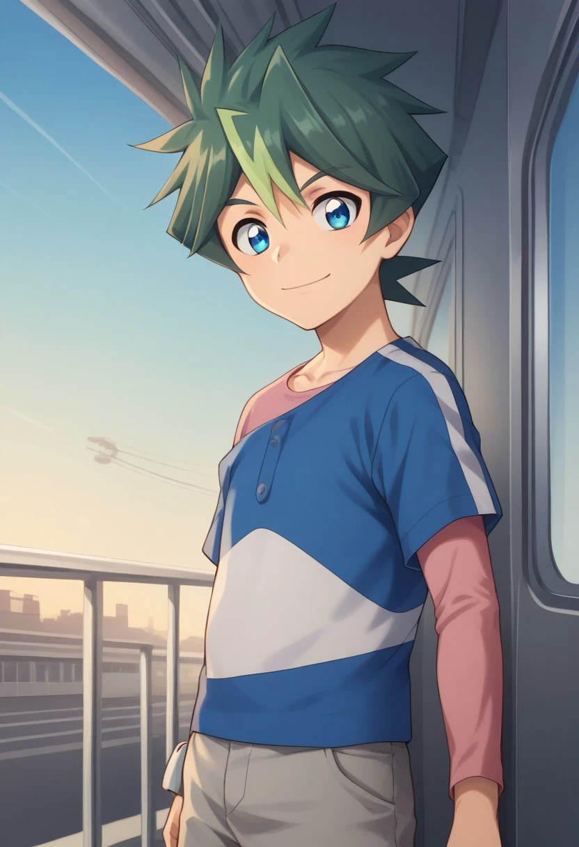 score_9, score_8_up, score_7_up, source_anime, highly detailed, 
shin, 1boy, male focus, solo, green hair, shorts, upper body, blue eyes, smile,
multicolored hair, shirt, pink shirt, long sleeves, blue shirt, stripes, short sleeves, standing, looking at viewer, grey shorts, spiked hair, upper body,
outdoor, train, sky, shinkansen