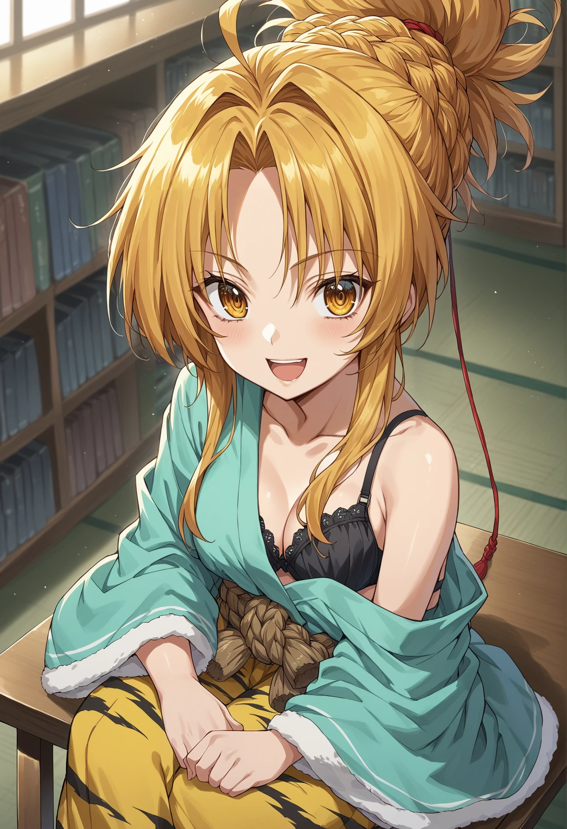 1girl, blonde hair, yellow eyes, ponytail, braid, hair ornament, japanese clothes, bra, hadanugi dousa, green kimono, tiger print, rope, hakama, cowboy shout, sitting, crossed legs, looking at viewer, smile, open mouth, from above, indoors, library <lora:Oda_Nobuna:1>, score_9, score_8_up, score_7_up, score_6_up, score_5_up, score_4_up, BREAK source_anime, masterpiece