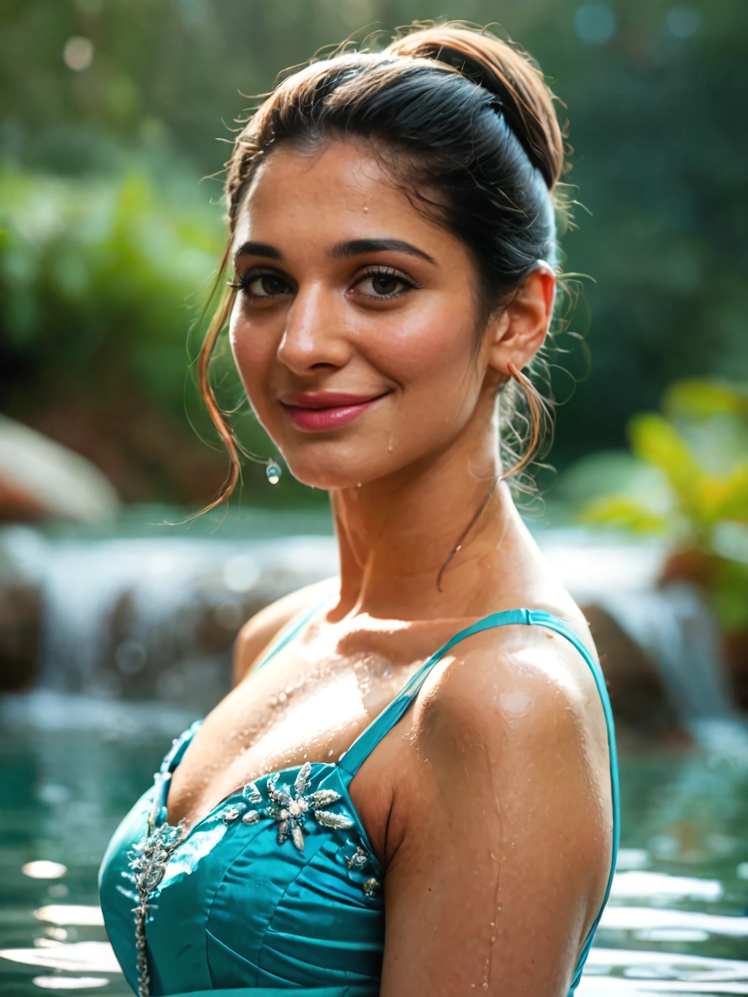 score_9, score_8_up, score_8,30yo woman,portrait photo,tamannah bhatia,solo,  realistic,light smile, Cyan indian dress, censored, water background bokeh  <lora:Tamannah_Bhatia_PonyXL_LoRA_prodigy_local_WD14:0.7>