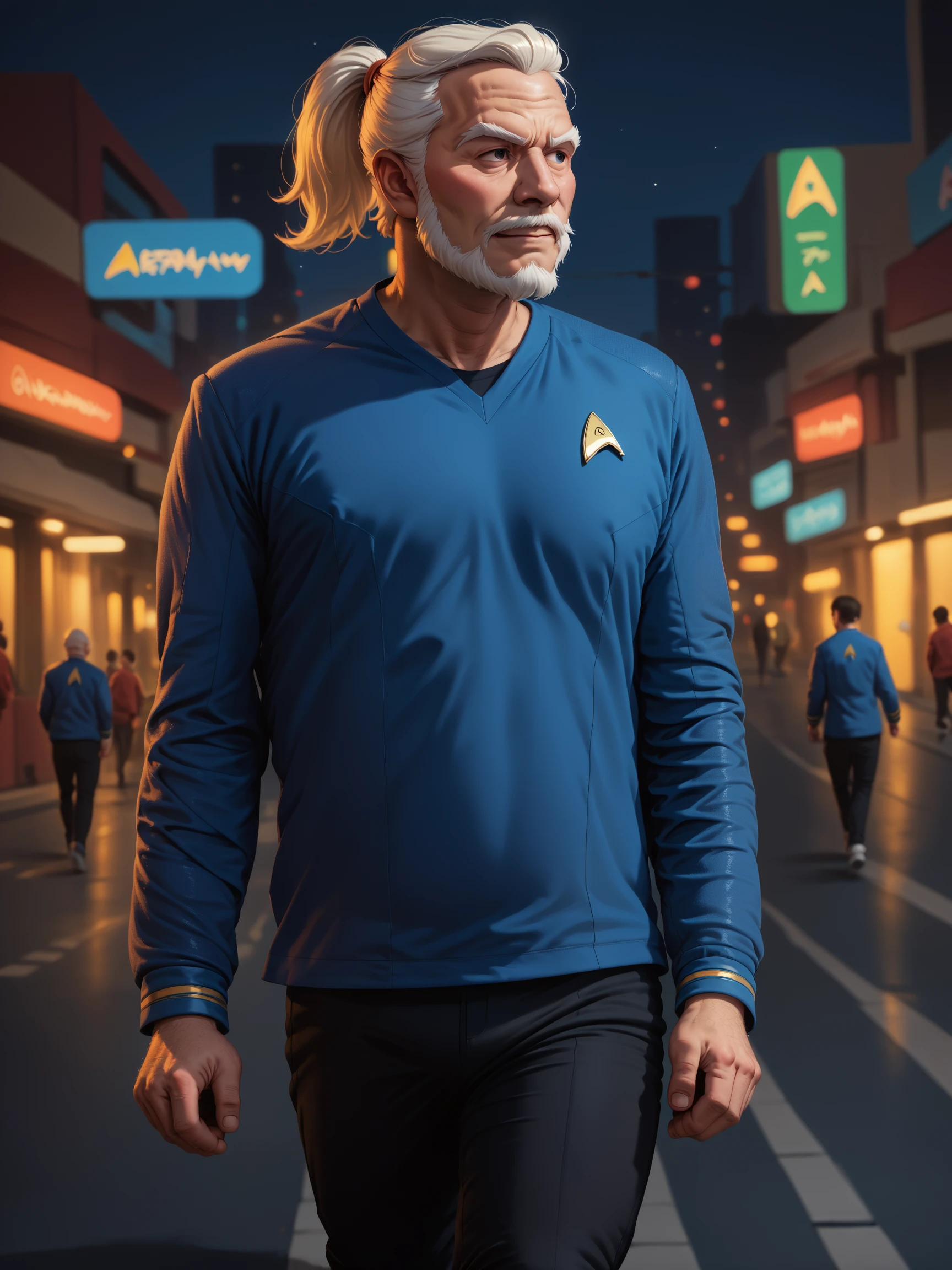 score_9, score_8_up, score_7_up, score_6_up, score_5_up, older man in stsnwunf walking on a busy street,star trek blue uniform,fu manchu beard,ponytail.long sleeves,black pants<lora:ponySNW:0.8>