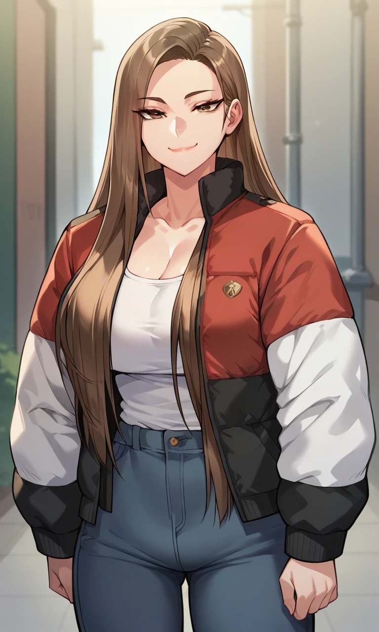 score_9, score_8_up, score_7_up, brown hair, brown eyes, long hair, standing, facing forward, large breasts, jacket, seductive smile, closed mouth, looking at viewer