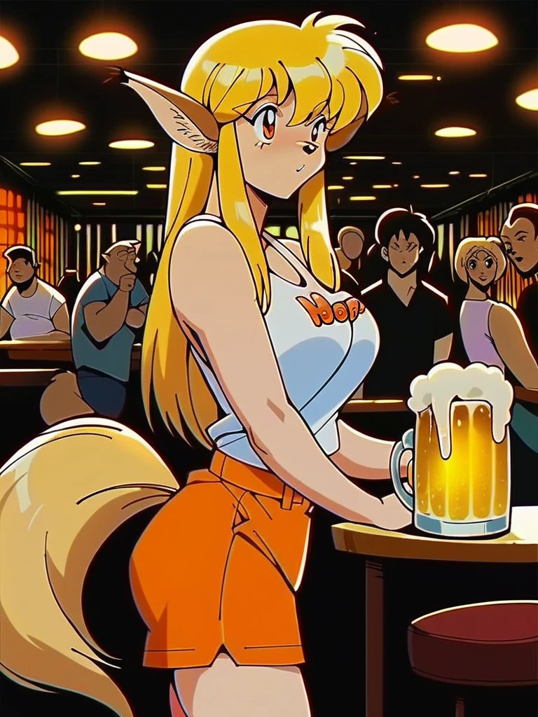 score_9, score_8_up, score_7_up, score_6_up, score_5_up, score_4_up, source_anime, 1girl, solo, KuaruLunaticNight, long blonde hair, animal nose, red eyes, blonde wolf tail, white tanktop, orange shorts, hooters, restaurant, holding tray, beer mug, beer, crowded, crowd, table, chair, detailed face, detailed eyes, detailed background, retro artstyle, 1990s \(style\), <lora:kuaru-v1:1>