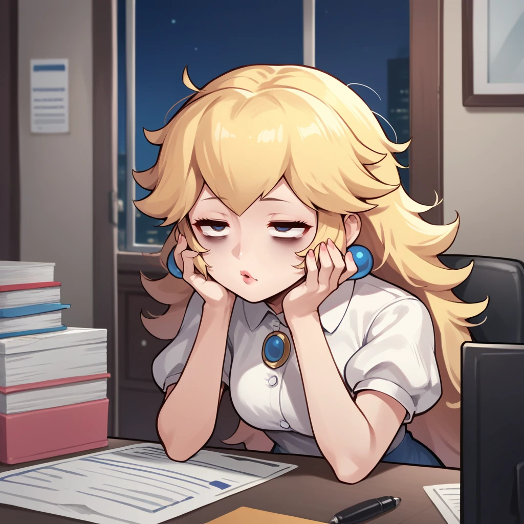 score_9,score_8_up,score_7_up,score_6_up,source_anime,rating_safe,  Solo, night, office, secretary, head in hands, princess peach, white blouse, <lora:Disheveled:0.8> d1sheveled, messy hair, bags under eyes, exhausted, disheveled clothes, zPDXL2,