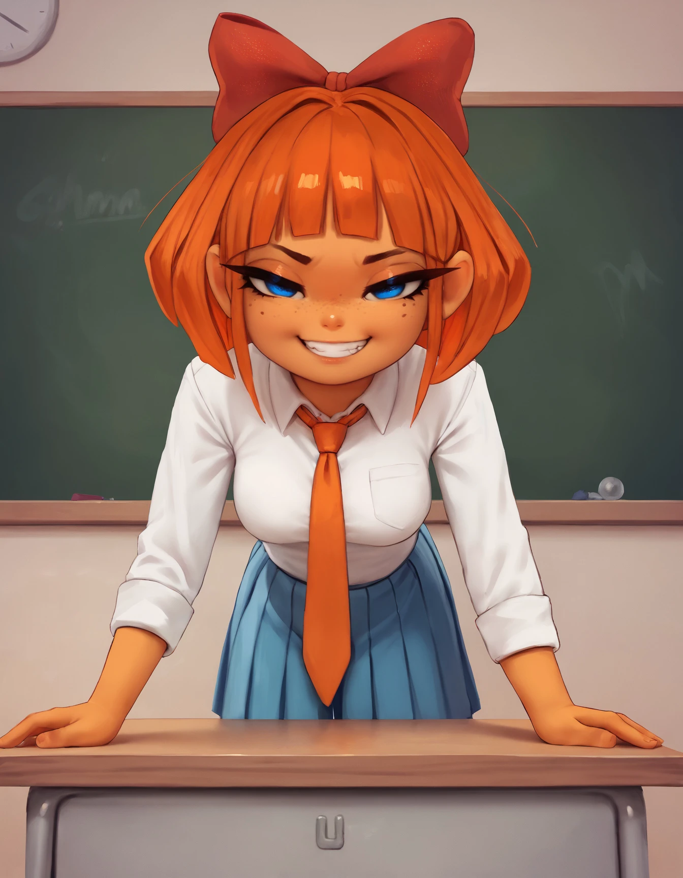 score_9, score_8_up, score_7_up, score_6_up, score_5_up, score_4_up, front view, close-up, inside, wall, chalkboard, upper body, desk, classroom, looking at viewer, blue eyes, narrowed eyes, smug, grin, orange hair, freckles, orange skin, mymy_schoppenboer, solo, female, human, short hair, blunt bangs, red bow, centered hair bow, medium breasts, white formal shirt, orange necktie, blue skirt, pleated skirt, leaning forward