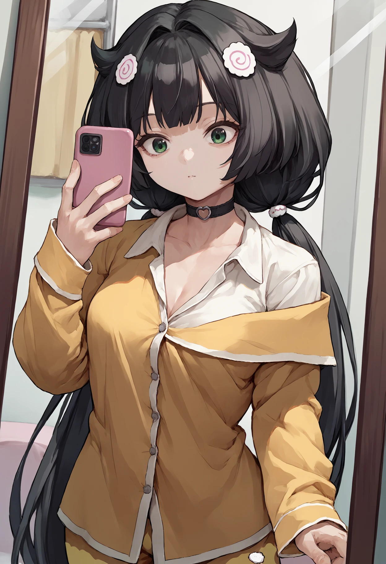 score_9, score_8_up, score_7_up, source_anime BREAK 1girl, solo, <lora:trony-nikke-richy-v1_pdxl:1> trony, green eyes, black hair, low twintails, very long hair, hair ornament, kamaboko, bangs, choker, mirror, selfie, pajamas, holding phone