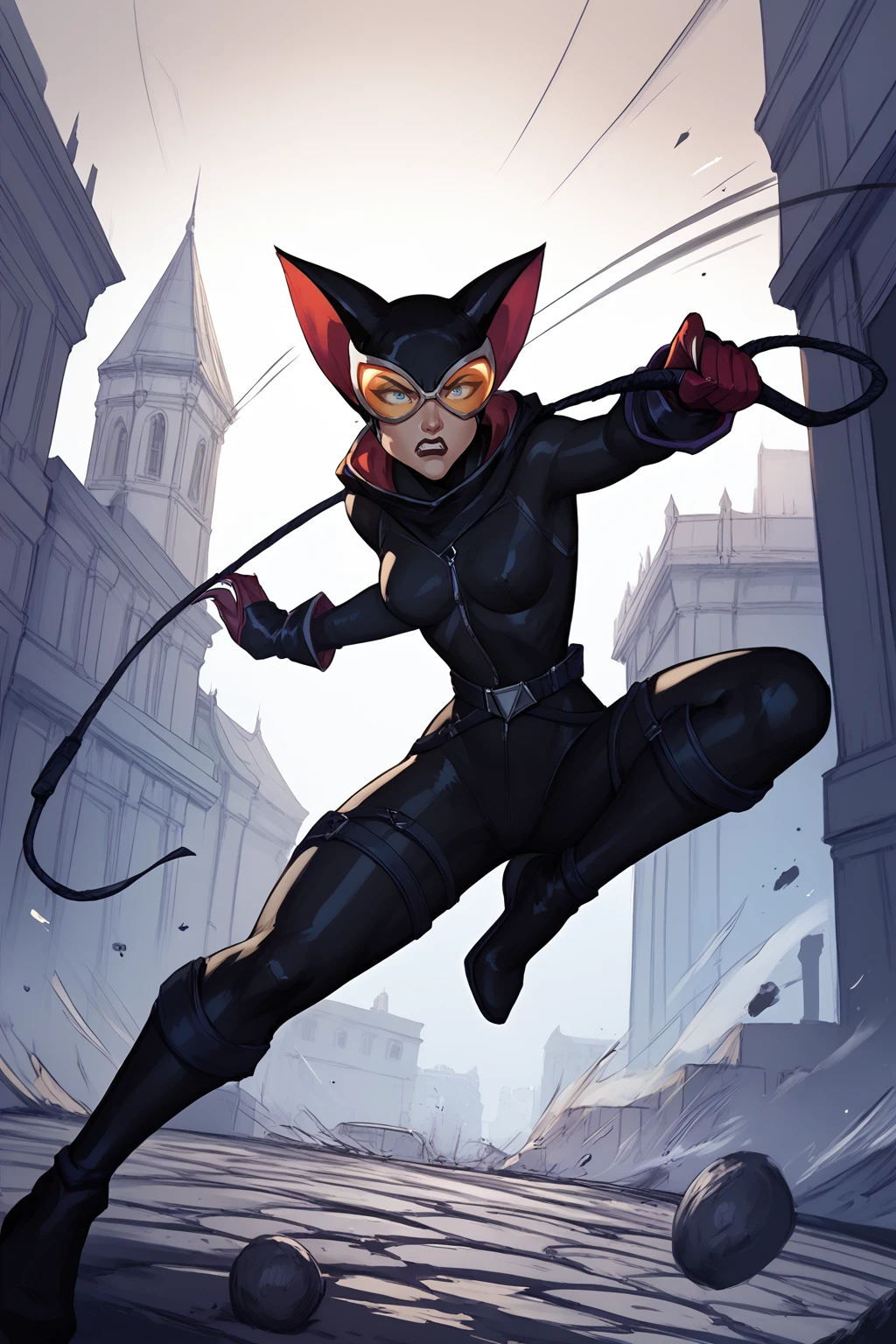 score_9, score_8_up, score_7_up, masterpiece, high quality, BREAk
 <lora:Catwoman 2004PonyLoRA:1>ctwm2004, cat ears, black bodysuit, goggles, gloves, sharp fingernails, fighting stance, jumping from a building, midair, angry, battle, whip