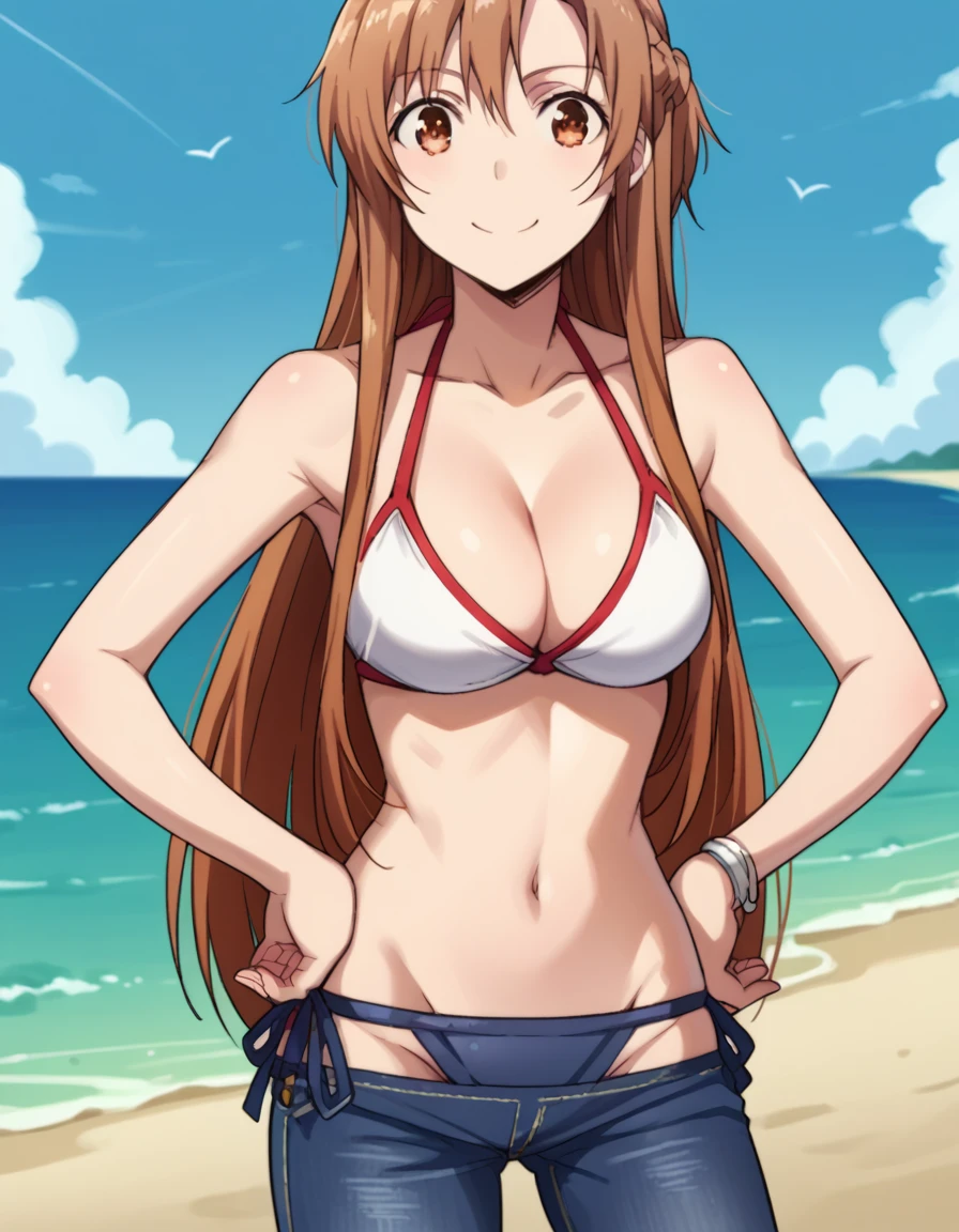 score_9, score_8_up, score_7_up, source_anime, asunayuuki, <lora:asuna-yuuki-s1-ponyxl-lora-nochekaiser:1>, asuna yuuki, long hair, brown hair, brown eyes,, <lora:bikini-jeans-ponyxl-lora-nochekaiser:1>, bikini jeans, lowleg pants, bikini, bikini top, cleavage, navel,, beach, smile, hands on hips,, upper body,