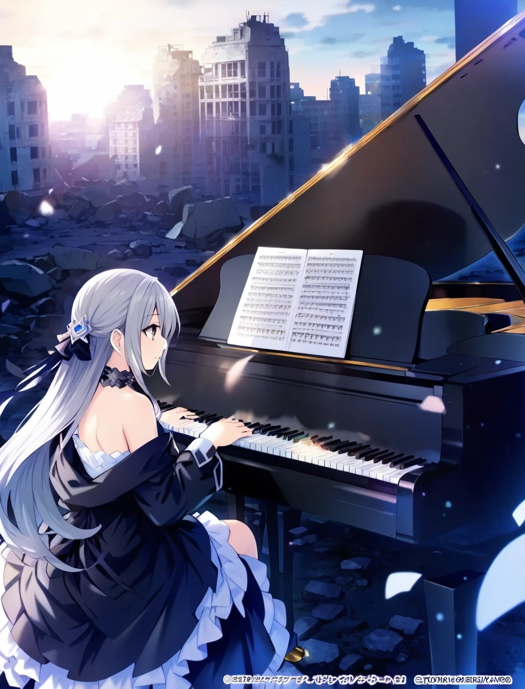 1girl,tsunako, totoki86,
grey hair, grey eyes, long hair, open clothes,frilled dress,hair ornament,baixiaodie,off shoulder,ruins,playing piano, grand piano,      <lora:grand_pianoSY2:1>, masterpiece, newest, absurdres,safe