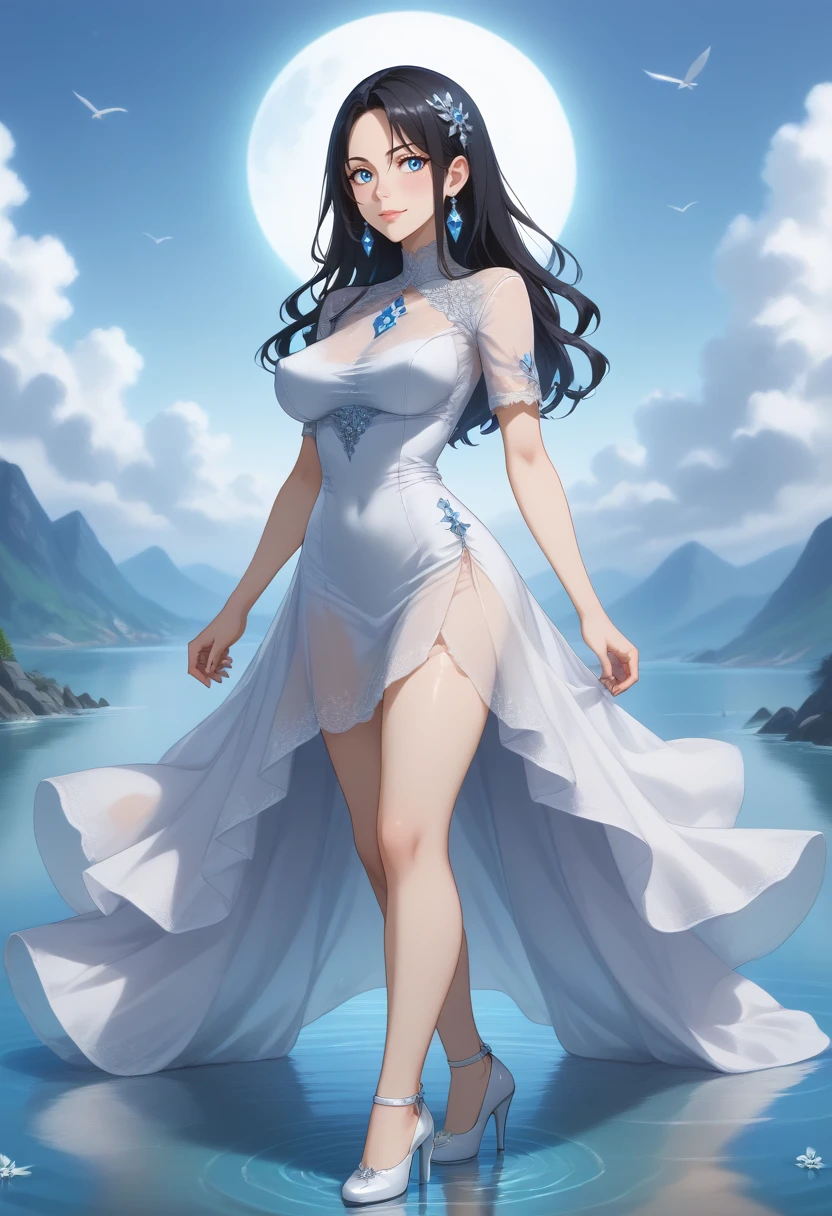 1girl, solo, full body, short sleeves, outdoors, clouds, high heels, covered navel, no panties, blue sky, see-through, profile, lace-trimmed dress, bird, ocean, white footwear, cloudy sky, reflection, diamond \(gem\), horizon, glass slipper, ripples, see-through silhouette, standing on water, Misae Suzuhara, black hair, hair between eyes, blue eyes, diamond dress, diamond earrings, diamond hair ornament, diamond bracelet, large breasts, swooping breasts, smile, blush <lora:SDXL_Hyper:1> <lora:Timm_Style_XL:0.8> <lora:breasts++-PD-swooping-1.0:1>  <lora:WAYGDLT:1>