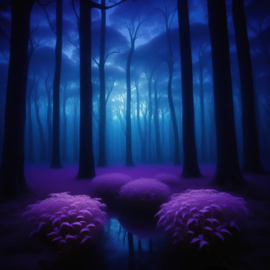 Twilight Forest: A dense forest where the light filters through in shades of purple and blue. The trees have glowing bark, and the underbrush is filled with bioluminescent plants. A sense of calm pervades the air.Twilight Forest: A dense forest where the light filters through in shades of purple and blue. The trees have glowing bark, and the underbrush is filled with bioluminescent plants. A sense of calm pervades the air.