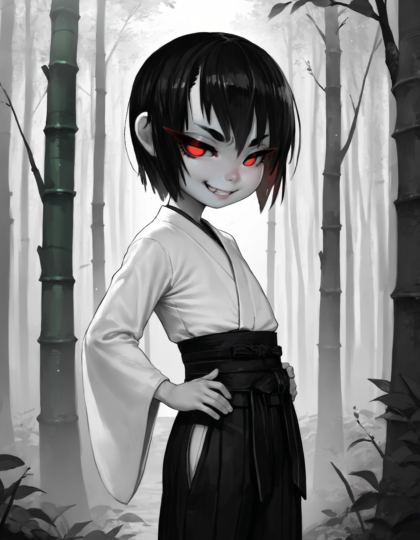 score_9, score_8_up, score_7_up, score_6_up, score_5_up, score_4_up, side view, outside, fog, bamboo forest, bamboo, (greyscale, monochrome:1.2), looking at viewer, red eyes, black hair, white skin, narrowed eyes, grin, solo, female, human, short hair, flat chested, white kimono, black hakama, samurai costume, standing