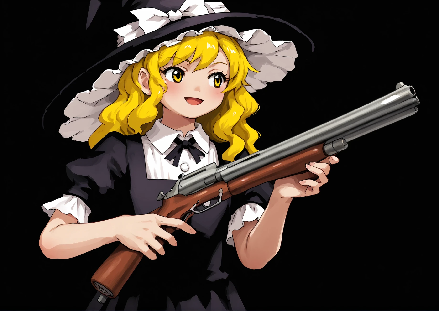 score 7 up,score_6_up,<lora:ZUN:0.8>,marisa,1girl,black clothes,long hair,blonde hair,witch hat,ZUN,parody,puffy short sleeves, yellow eyes, pump action shotgun,happy,