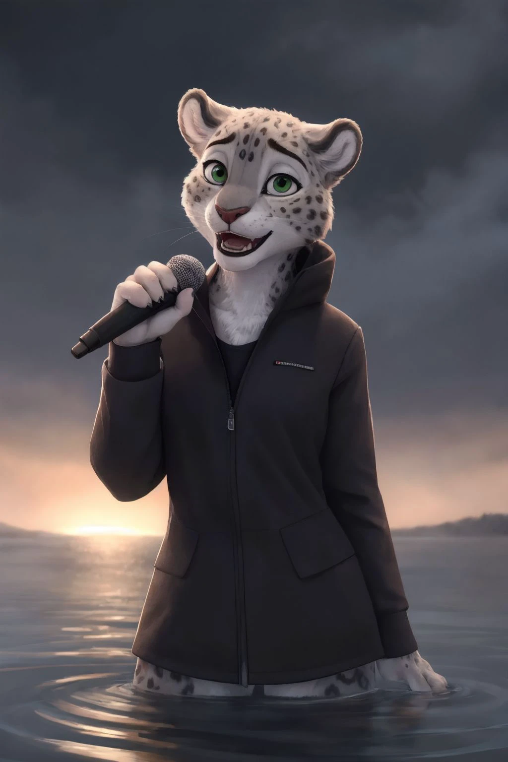 <lora:Fabienne_Growley:0.5>, fabienne_growley, snow leopard, anthro,  looking at viewer:1.2, standing, wet, wet fur, holding microphone:1.2, talking in microphone, raining:1.2, storm, flood, partially submerged, wet clothes, rain, worried:1.3, open mouth, fangs, green eyes, raincoat