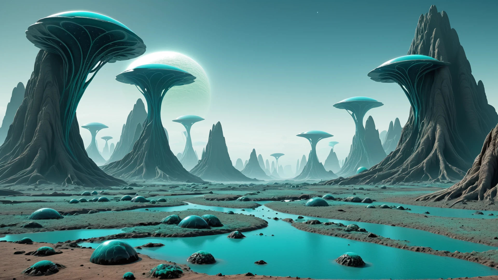 <lora:artfullyENVIRON_SDXL_V1:1>, alien planet, biome, environment setting, teal plains