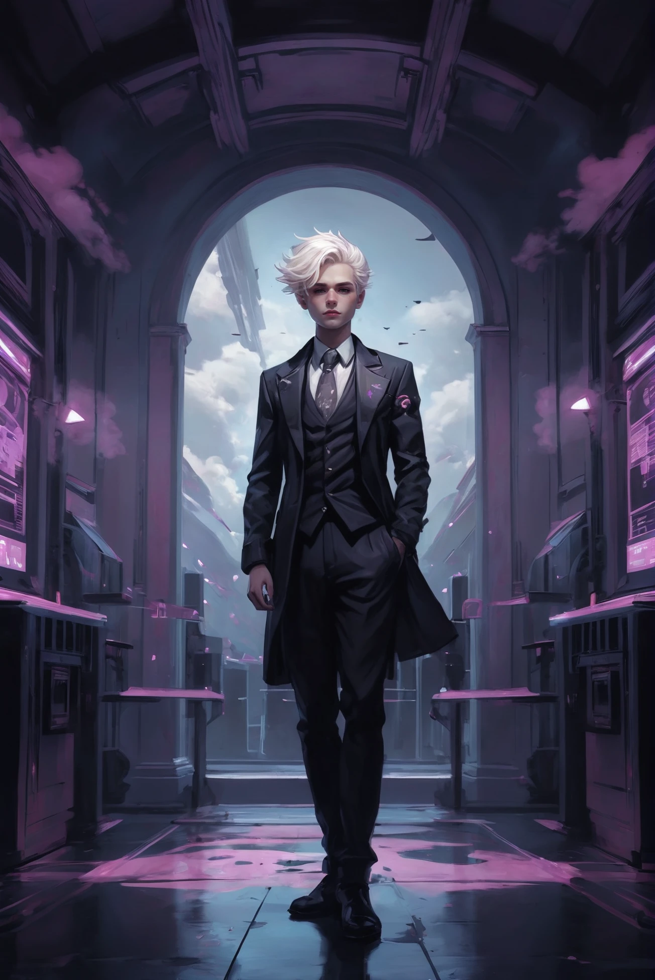 <lora:EnvyGothicRoseXL01:1>cheerful urban fantasy, (full body:1.2), 1boy, man, masculine, solo, [:fantastical costume design,:0.2] detective, caucasian, mintcream hair, (average:1) build, control room in a soft,Futuristic fantasy cloud megastructure edge of reality, masterpiece