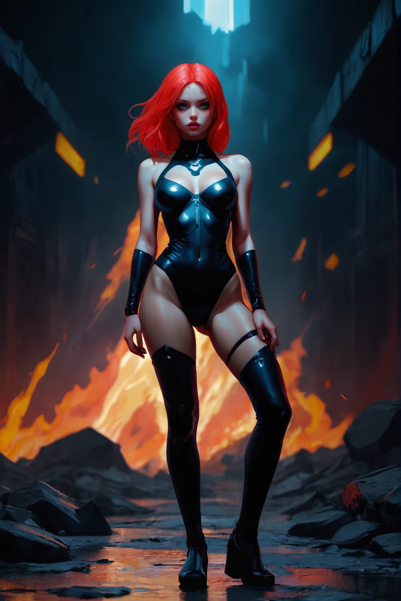 <lora:EnvySmoulderingFireXL01:1>epic surreal, (full body:1.2), 1girl, woman, seductive, solo, [:creative costume design,:0.2], lightning monk, bombshell hair, corroded color:tomato metal hair, low-braided long hair, thick thighs, narrow waist, caucasian, epic,whimsical scifi subterranean city outside of the multiverse