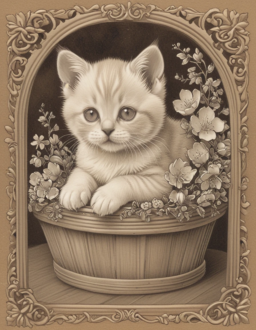 <lora:CBS_novuschroma21 style:1.55> novuschroma21 sepia pencil drawing of adorable kitten in a basket with flowers with ornate frame