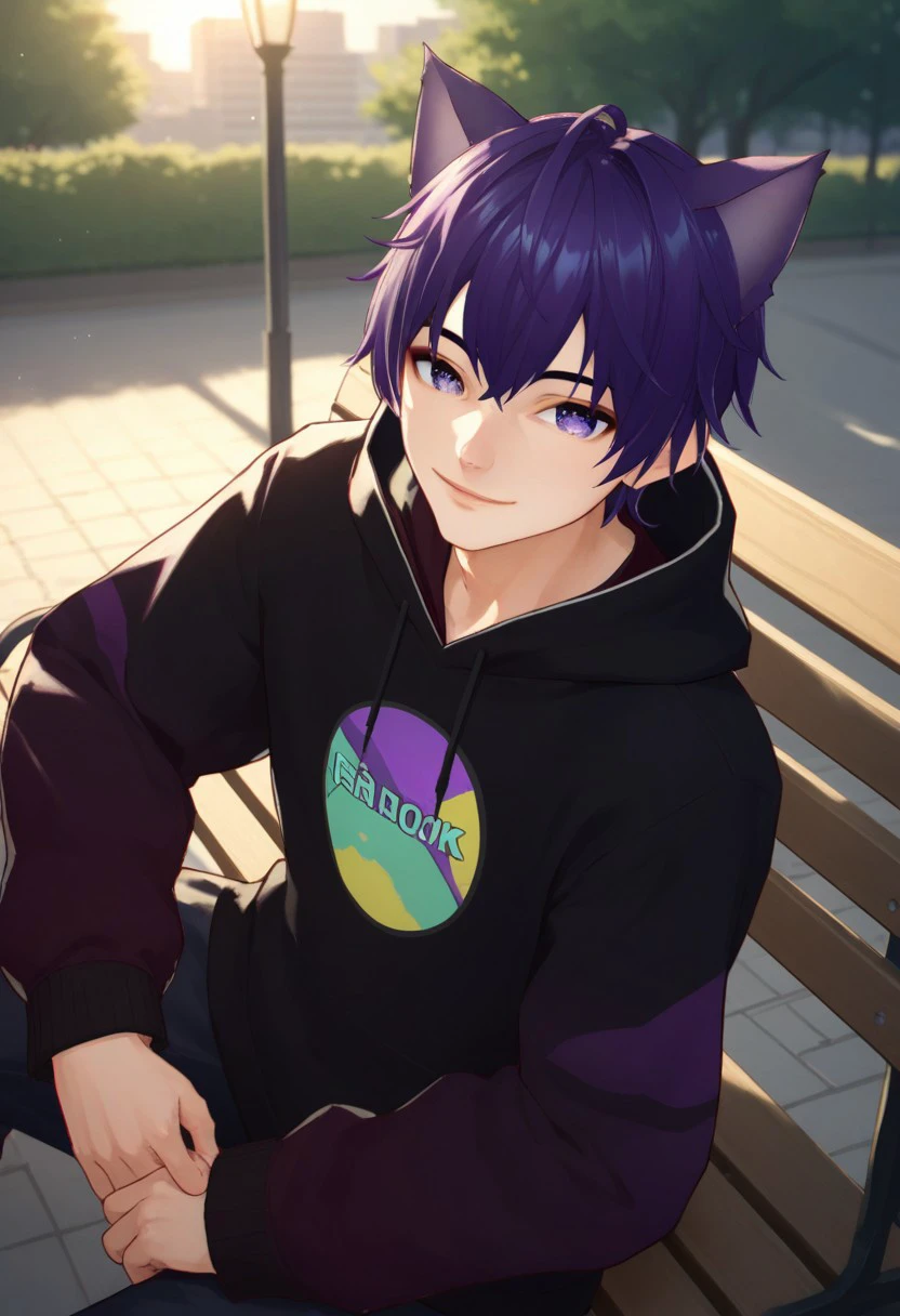 end_vtuber_dusk, source_anime, newest, 1boy, male focus, solo, animal ears, hoodie, hood, cat ears, purple eyes,  smile,  purple hair, sitting, park bench, virtual youtuber, gradient hair, specular highlights, side lighting, city view, outdoors, extreme light and shadow, cinematic lighting, cinematic angle, score_9, score_8_up, score_7_up, score_6_up, score_5_up, score_4_up,