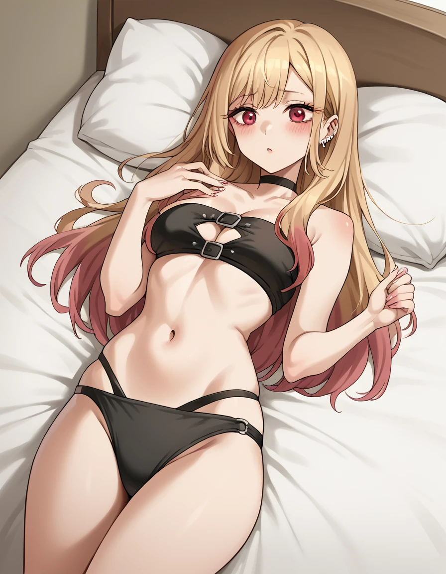 score_9, score_8_up, score_7_up, source_anime, marinkitagawa, <lora:marin-kitagawa-ponyxl-lora-nochekaiser:1>, marin kitagawa, long hair, bangs, blonde hair, red eyes, multicolored hair,, <lora:belt-bra-ponyxl-lora-nochekaiser:1>, belt bra, chest bra, panties, navel, cleavage,, indoors, bed, bed room, on back, on bed, blush,, cowboy shot, dutch angle,