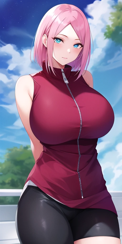 <lora:HarunoSakuraV5:0.7> huge_breasts, harusakumature, standing, solo, arms_behind_back, starry_sky,  red_sleeveless_shirt_zipper_black_bike_shorts_elbow_sleeve_overskirt, masterpiece, best_quality, detailed_face, detailed_eyes, highres, beautiful, detailed, absurdres,