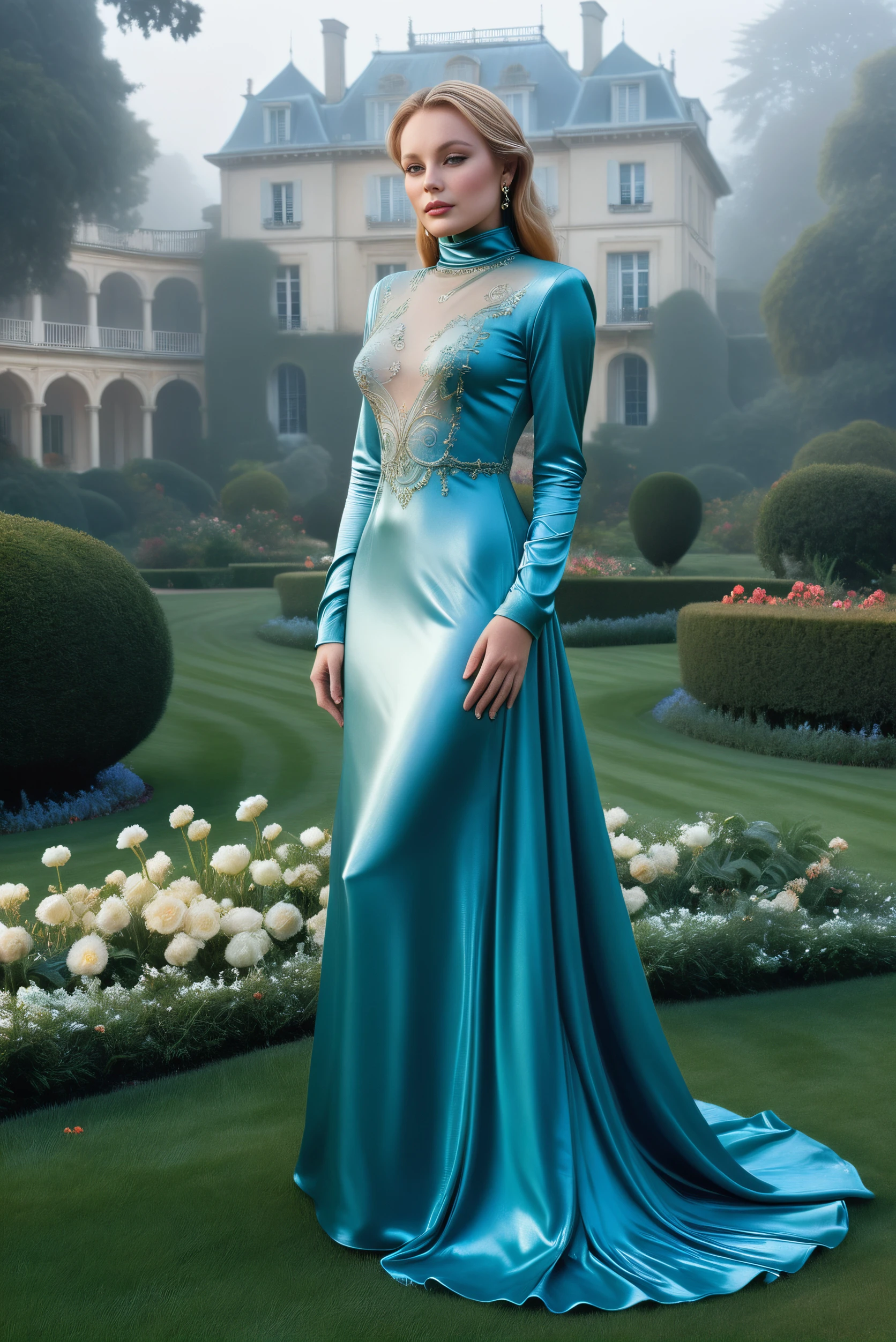 Dreamscape, Photorealism <lora:LaureSinclairSDXL-000008:1>, LaureSinclairSDXL wearing (intricate:1.3) elegant satin turtleneck maxi dress, posing in a majestic garden of a french mansion, flowers, foggy atmosphere, early morning, sparkling dew on leaves, masterpiece, award winning photo, UHD, Photorealism, often for highly detailed representation, photographic accuracy, or visual illusion., Surreal, ethereal, dreamy, mysterious, fantasy, highly detailed