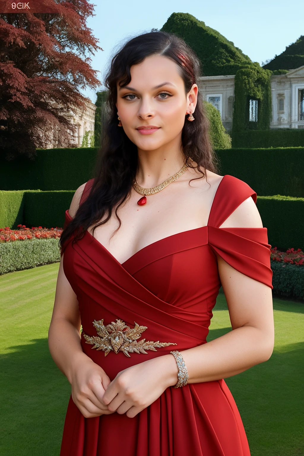 analog photo, portrait of AliceCirilla, wearing luxury elegant red dress, jewelry, beautiful garden, rich palace, detailed face, volumetric lighting, edge lighting, best quality, highly detailed, masterpiece, 8k resolution, <lora:AliceCirilla:1>,