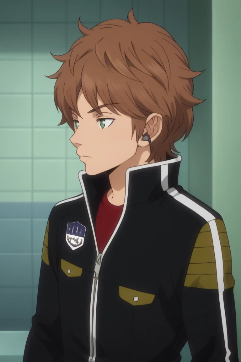 score_9, score_8_up, score_7_up, score_6_up, zPDXL2, detailed, intricate details,cowboy shot,best quality ,source_anime, male focus,
shun midorikawa, brown hair, green eyes, black jacket, red shirt, zipper, earpiece, 1boy, male focus, solo, jacket, long sleeves, upper body, anime coloring, tiles, profile, shirt, short hair, bangs, hand up<lora:EMS-413640-EMS:1.000000>