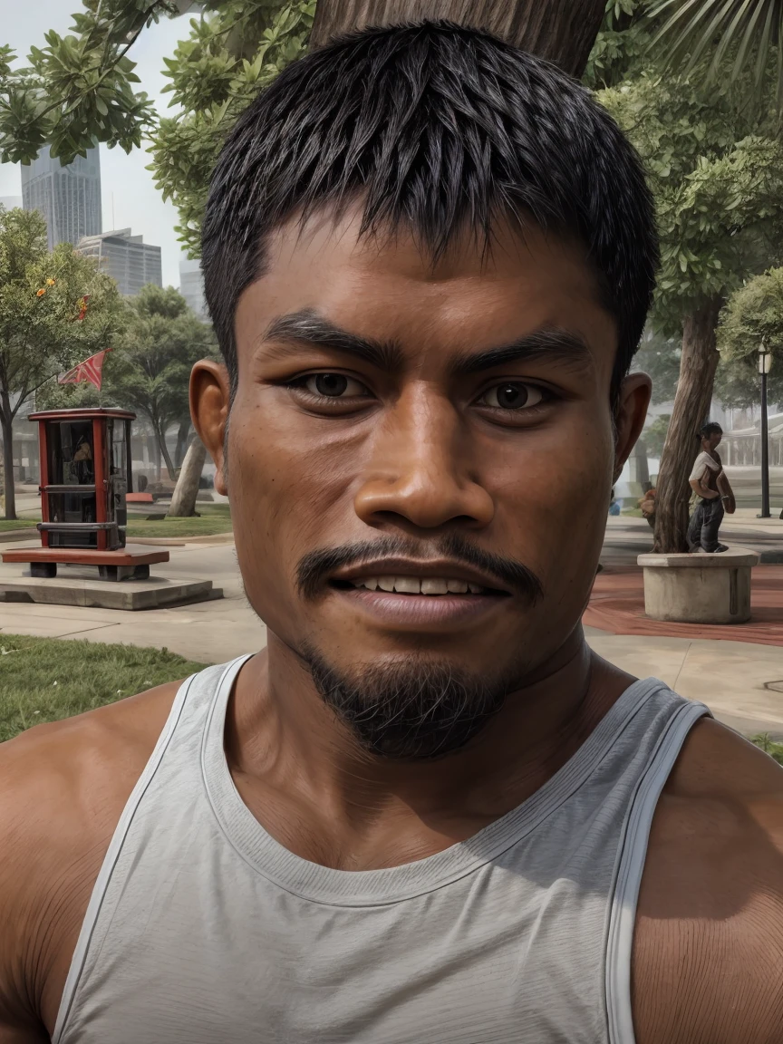 ultra realistic, unreal engine 5, anatomically correct, detailed eyes, detailed face, black eyes, thick eyebrows, male focus, solo, jackmuaythai, dark skin, beard, very short hair, tanktop, park, teeth, raised eyebrow, smirk,
<lora:Add More Details:0.8>
<lora:Jackmuaythai H:1>