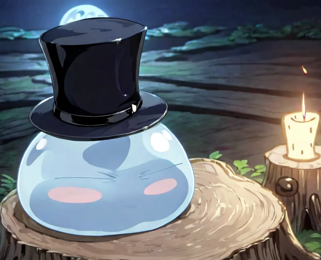 front view, slime, sitting, on tree stump, eyes closed, outdoors ,night, tuxedo hat