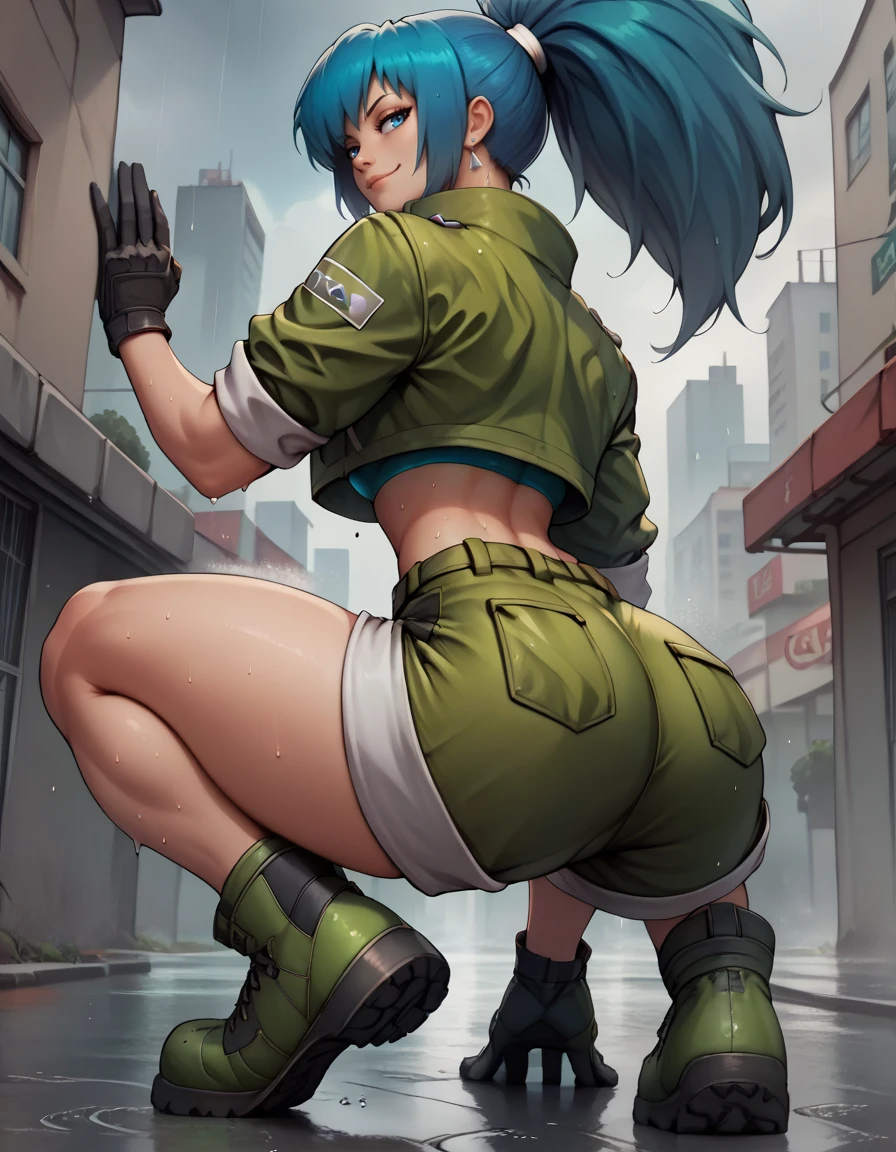 score_9, score_8_up, score_7_up,score_6_up, score_5_up, score_4_up , 1girl, solo,
large breasts,
leonakofdg,
blue eyes, blue hair, ponytail,
gloves, jacket, crop top, shorts,green jacket, green shorts,
smug, half-closed eyes, 
squatting, from behind, ass, combat boots,
city, rain, wet, 
from below,
 <lora:Leona KOF  PonyXL v01-000003:1>