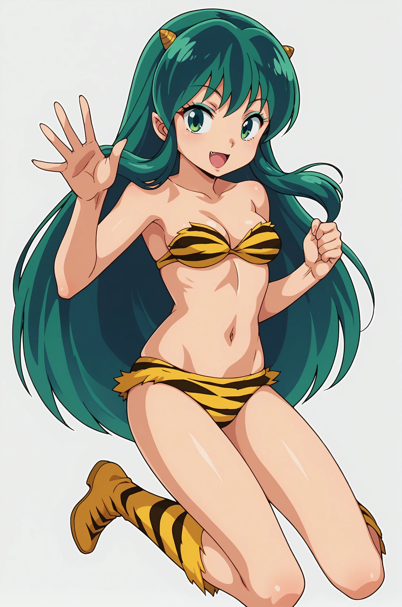 top-quality、ultra-detailliert、Blue eyes、Green haired、small yellow horns2There are books、Long straight hairstyle、1 female、Ram、Colossal tits、(((Tiger print bikini)))、i can see the cleavage、has a beautiful straight sword、Store it in a shining sheath and wear it on your waist.、in the background is a ruined temple、i'I'm a little worried、(((Forward View)))