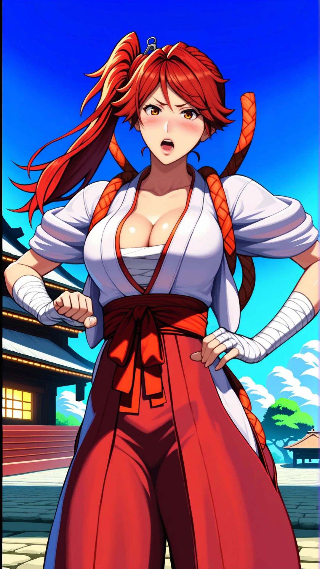 fantasy-style, (zPDXL2), (((cowboy shot))), (((dynamic pose))), (((dynamic angle))), sehele style, webtoon, anime, centered, 1girl, 1woman, hatshi, open mouth, cleavage, sarashi, vermilion eyes, vermilion ponytail on the right side, bandages, shrine maiden's outfit, blushing, outdoors, Japan town background, <lora:sd_xl_dpo_lora_v1:1>, <lora:OMG-Is-DucHaiten_v1.0:0.1>, <lora:Seunghee_Lee_Style_PDXL:1>, <lora:ManhwaSDXL:0.8>,  <lora:hatshi_PonyXL_r1:0.8>