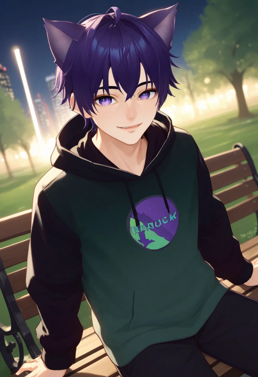 end_vtuber_dusk, source_anime, newest, 1boy, male focus, solo, animal ears, hoodie, hood, cat ears, purple eyes,  smile,  purple hair, sitting, park bench, virtual youtuber, gradient hair, specular highlights, side lighting, city view, outdoors, extreme light and shadow, cinematic lighting, cinematic angle, score_9, score_8_up, score_7_up, score_6_up, score_5_up, score_4_up,