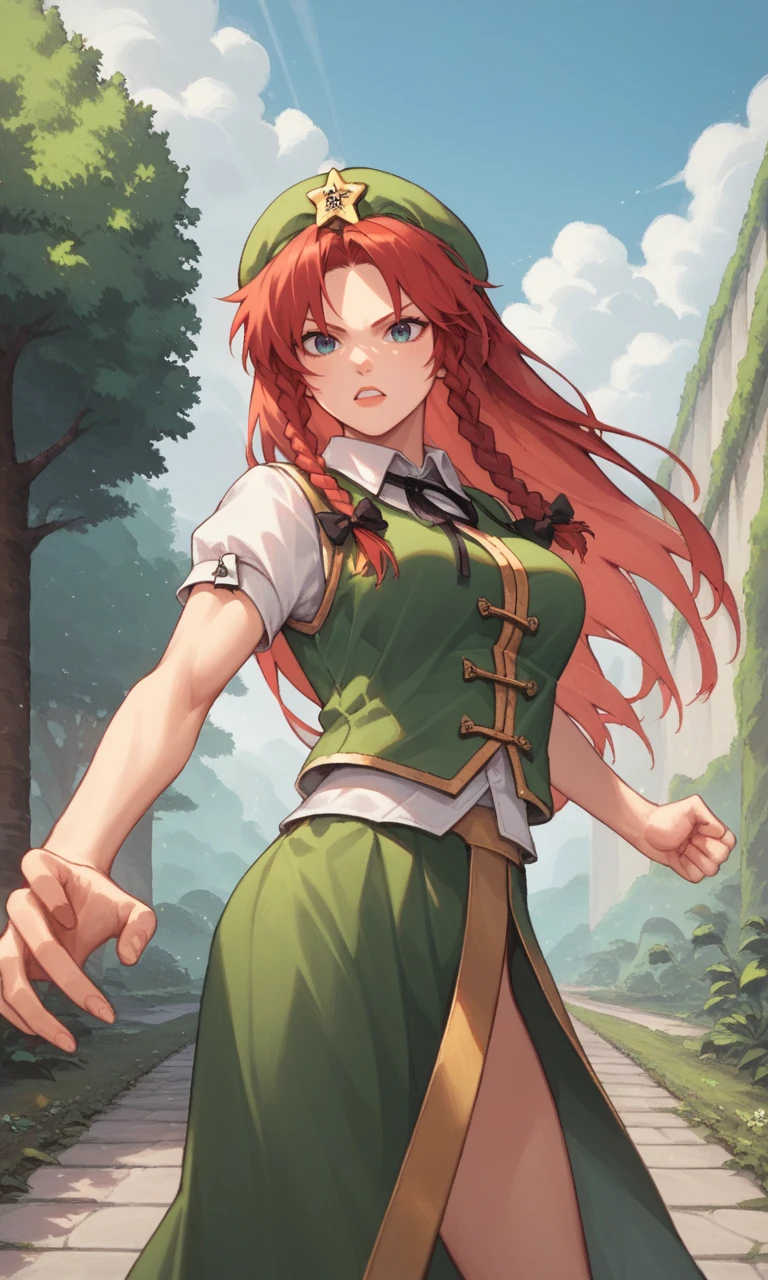 score_9, score_8_up, score_8, score_9, 1 girl,  source_anime,  <lora:hong_meiling_pony-10:1>, hong meiling, beret, green vest, short sleeves, long skirt, green skirt, red hair, star hat ornament, twin braids, cowboy shot, outdoors, fighting stance, dynamic pose,  <lora:ju4nGXLP:0.8> ju4ng