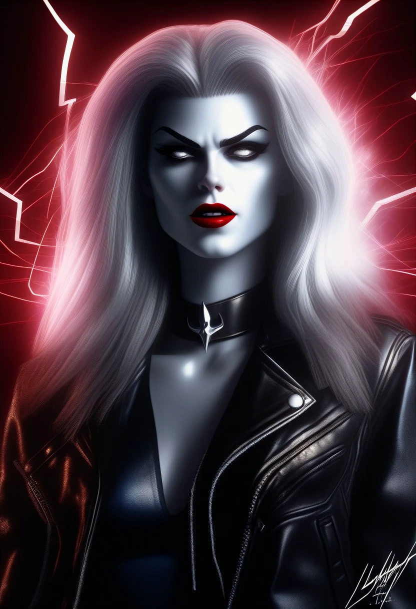 Lady_Death, 1girl, solo, long hair, smile, black shirt, upper body, choker, leather jacket, denim shorts, lips, makeup, lipstick, red lips, white eyes, no pupils, lightning, black lips, solid eyes, portrait, upper body, official art, extreme light and shadow, cinematic lighting, cinematic angle, best quality, masterpiece