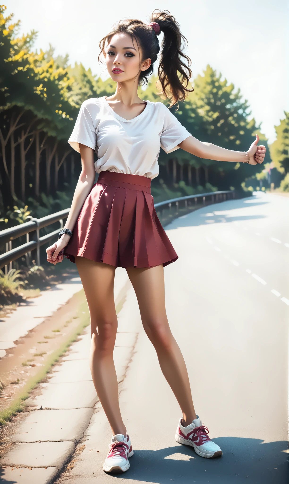 score_9, score_8_up, score_7_up, BREAK, hiHike, front view , (slim woman) standing at  road. The woman wears red short skirt and blouse, sneakers and has long brunette ponytail .
 <lora:HitchhikePony:1>