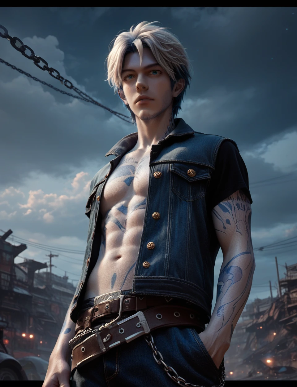 2d art, masterpiece, anime style, 1 boy, ((shirtless)), chain, belt, night, clouds, sky, tattoos, hands on pockets, solo<lora:Parzival:0.65> parz1val, looking at the viewer, blue eyes, score_9, score_8_up, score_7_up, score_6_up