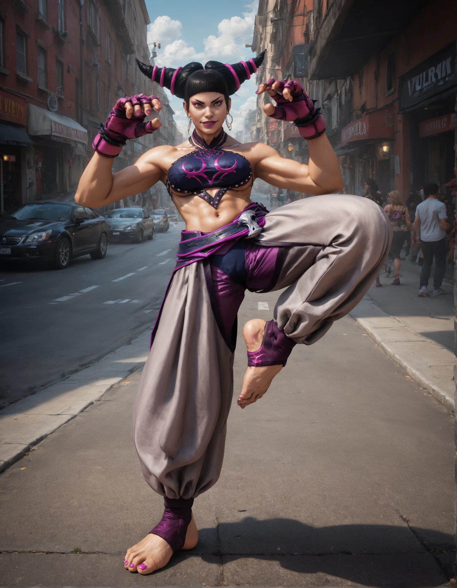 score_9, score_8_up, score_7_up,high res,full body,photo,realistic,highly detailed,jrh woman,1girl,front view,in street,sunny,volumetric lighting,high kick pose,hair horns,harem pants,harem topwear,gloves