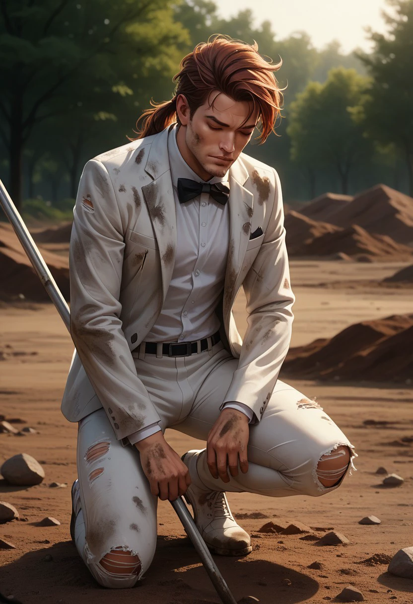 Dsk_Remy_Lebeau, 1boy, male focus, solo, solo focus, auburn hair, closed eyes, facial hair, bow, bowtie, formal, jacket, long sleeves, one knee, pants, ponytail, scarf, shirt, suit, torn clothes, white pants, white shirt, white suit, holding, bo (staff), outdoors, dirt, dust, studio photography, detailed eyes, detailed skin, textured skin, specular highlights, side lighting, extreme light and shadow, cinematic lighting, cinematic angle, score_9, score_8_up, score_7_up, score_6_up, score_5_up, score_4_up,