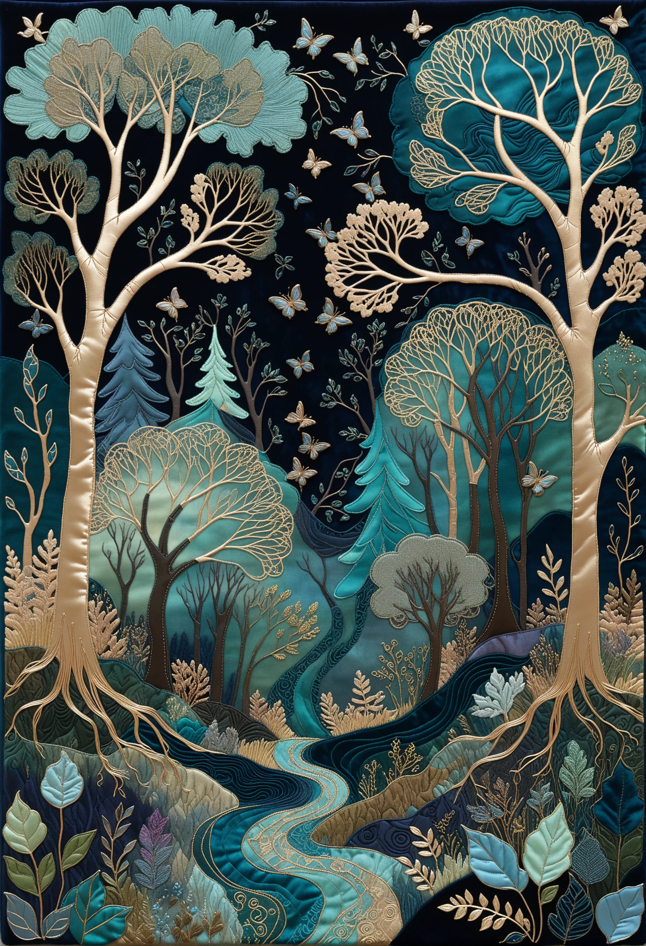 A surreal mystical forest scene created using the frottage technique, featuring an intricate abstract pattern composed of small pieces of silk, velvet, lace, and brocade. The forest is depicted in calm dark harmonious hues, with fine textures highlighting the intricate details of trees, foliage, and hidden pathways. The composition is impeccable, with each fabric piece contributing to the overall ethereal atmosphere. The artwork is incredibly detailed, showcasing the delicate patterns and textures of each fabric, resulting in a masterpiece of the finest quality. <lora:Wildcard-Detail_Enhancer:1>